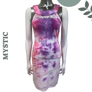 🛍️3/$40 Mystic Lace & Tie-Dye Bodycon Dress – White Purple Pink Size Small